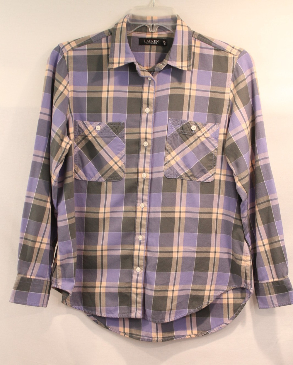 Lauren Ralph Lauren Cotton Top Womens size L Purple Plaid Patch Pocket Button Up